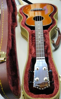 Mainland uke in its snappy, plus-lined  tweed case
